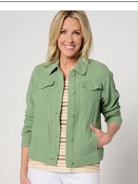 Isaac Mizrahi Light Green Button-Front Jean Jacket